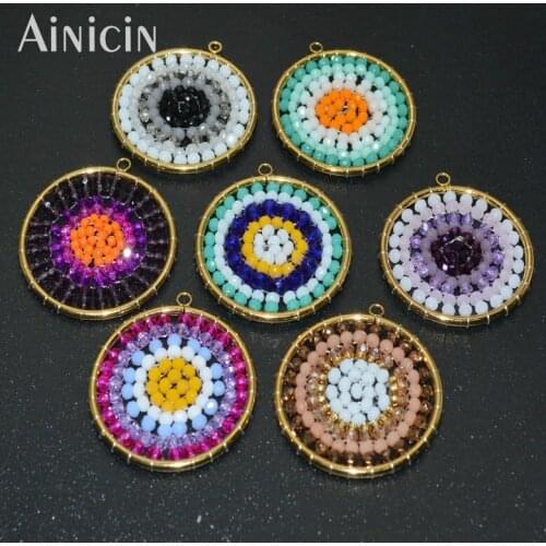 Colorful Crystal Glass Beads Handmade Round Shape Flower Pendants Stainless Steel Circle For Earrings Making Findings 20pc/lot