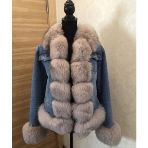 2020Womens New Natural Fox Fur Denim Jacket, Parker Clothing Rabbit Fur Lining Real Fox Fur Denim Jacket Warm Fashion Casual E