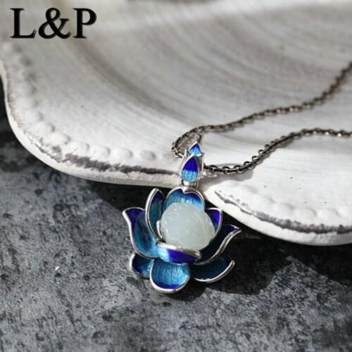 L&P Elegant Natural Gemstones Pendant Charms For Women,Featured Design Jade Thai Ethnic tyle Cloisonne Silver Necklaces Retro
