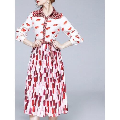 Fashion Designer Runway dress Spring Autumn Womens Dress Long sleeve Lipstick Print Belt Slim Elegant Pleated Dresses