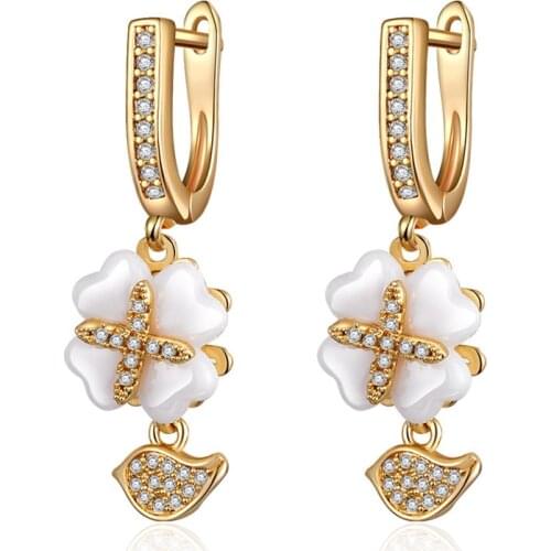 Fashion Design Flower Shape White Ceramic Drop Earrings Gold Silver Color Cubic Zirconia Earrings for Women Wedding Jewelry Gift