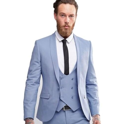 Custom Made Light Blue Men Suits Double Breasted Blazer Slim Fit Skinny 3 Piece Groom Tuxedos Wedding Suits (Jacket+Pant+Vest)