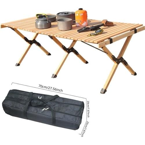 Outdoor Camping Solid Wood Egg Roll Table Portable Foldable Car Household Beech Tri-fold Table