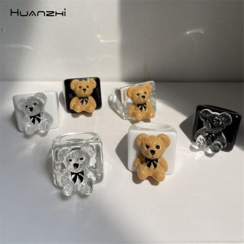 New Transparent White Black Resin Acrylic Geometric Square Bear Rings Cartoon for Women Girls Travel Jewelry Gifts HUANZHI 2021