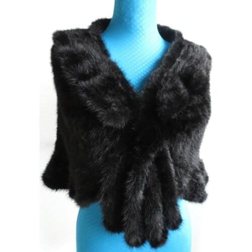 Autumn Winter Womens Genuine Knitted Mink Fur Shawl with Collar Wraps Lady Pashmina Scarf VF7054