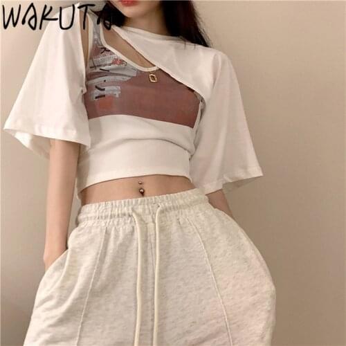 WAKUTA High Street Slim Camis Short Sleeve Tshirts Irregular Crop Suits Korean Fashion Summer New Womens Sexy Outfits Casual