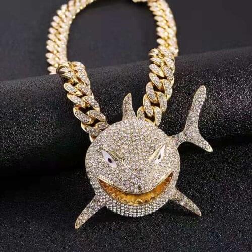 Rock Hip Hop Prong Cuban Chain Shark Pendant Necklace Iced Out Watch Rhinestone Rapper CZ Bling for Men Jewelry Men Pendants