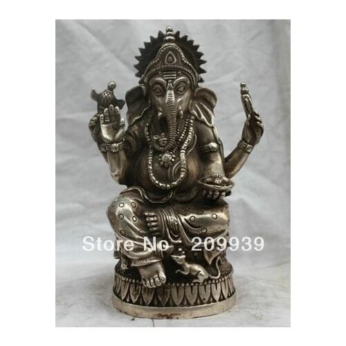 Bir 001087 China Tibetan Buddhism Silver Bronze statue Ganapati Ganesh Lord Ganesha Buddha