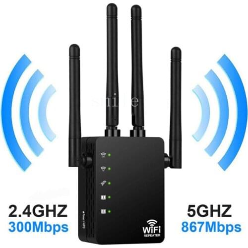 WiFi Repeater Signal Extender 1200 Mbps 2.4 & 5GHz Wireless Internet Amplifier Covers 20 Devices with 4 Advanced Antennas
