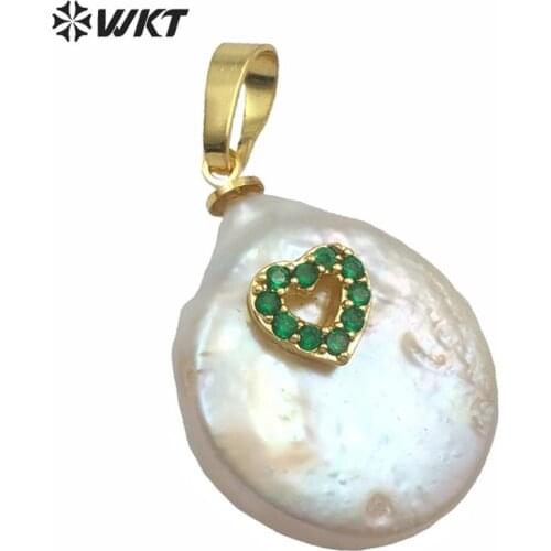 WT-MP126 Natural Freshwater Pearl Pendant White Pearl With Heart&Cross Charm CZ Pave Pendant Women Pearl Necklace Pendant