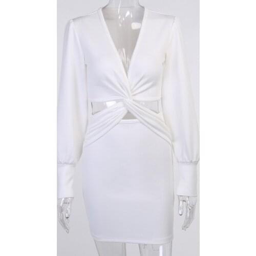 Women Spring Autumn Sexy Dress Deep V-Neck Waist Cross Hollow Out Puff Sleeve Casual Fashion Solid Mini Bag Hip Dresses