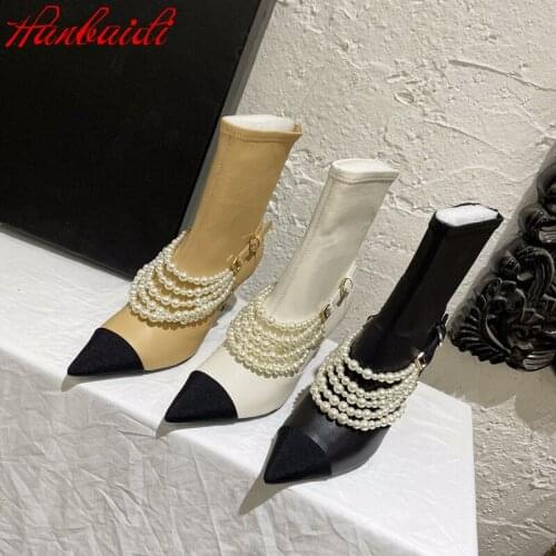 Winter New Women Shoes Genuine Leather High Heels Short Boots Pearls Chain Pointed Toe Designer Shoes Autumn ZIP Botas De Mujer