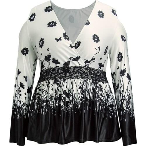 2021 Lace Plus Size Womens Classic Stitching Knit Printing Pattern Long-Sleeved Loose Casual Top V-Neck Slim Fit Simple