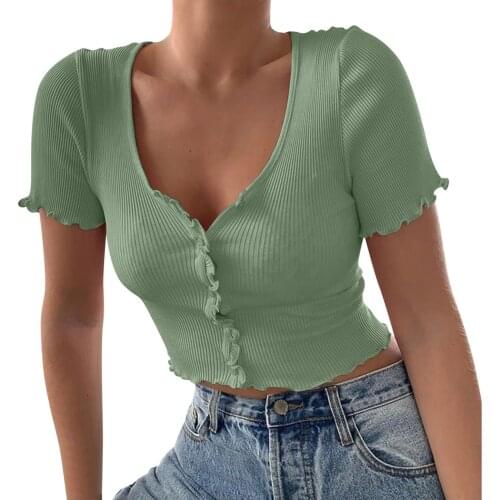 Womens Solid Color V Neck Ribbed Crop Top Short Sleeve V Neck Button Graphic T Shirts Harajuku Sexy Slim Short Tee Женские P5