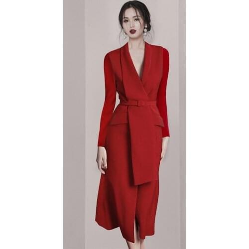 2020 New Sexy Chic Elegant V-neck Long Sleeve Sashes With Buckle Red Office Lady Women Business Midi Dress Vestido De Festa
