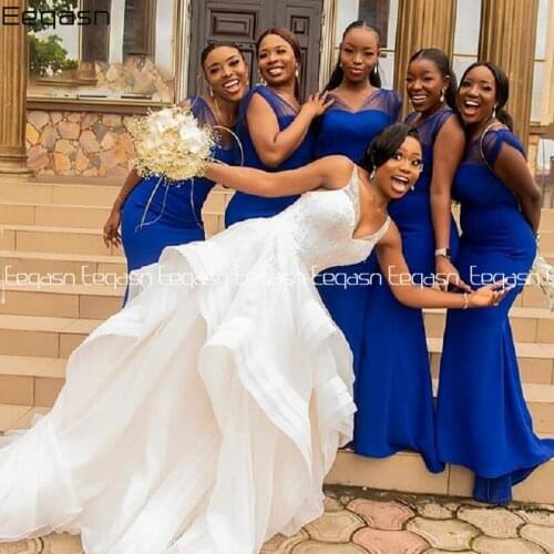 Eeqasn Royal Blue Satin Bridesmaid Dresses Plus Size For African Wedding Mermaid Backless Dresses Wear Prom Wholesale