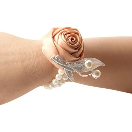 1PC Wrist Corsage Bridal Bridesmaid Pearls Leaves Stretchy Bracelet Wedding Prom Party Rose Hand Flower Decoration Tools