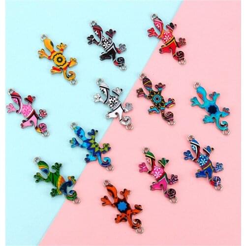 Julie Wang 10PCS Enamel Gecko Charms Random Color Pattern Alloy Lizard Animal Pendants Bracelet Jewelry Making Accessory