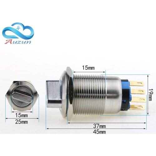 19MM metal knob stainless steel three-file selection button switch 2NO2NC