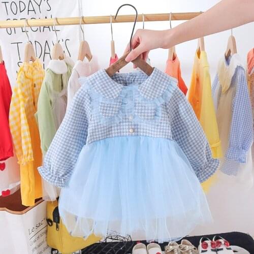 2021 Spring And Autumn Girls' Plaid Dress Small Fragrant Wind Mesh Princess Dress Blue Pink