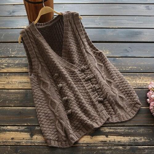 7287 New Spring Women Sweater Literary Retro Double Breasted Buckle V-Neck Sleeveless Loose Knitted vest Sweater