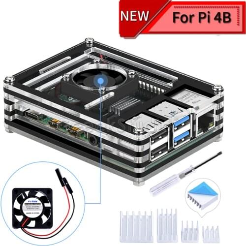 Acrylic Transparent / Clear & Black Case Cover for Raspberry Pi 4 Model B, with Cooling Fan for Raspberry Pi 4B