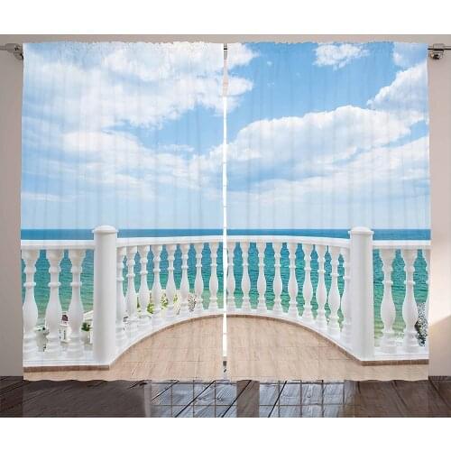White Curtains Ocean Sea Shoreline Sunny Day Balcony Clouds Clear Sky Image Living Room Bedroom Window Drapes Brown Sky