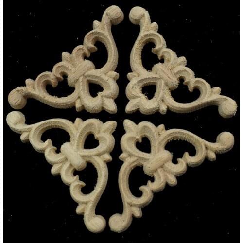 Wood Onlay Applique Wooden Oak Woodcarving Decal 4/6/8cm Flower Wood Carved Corner Frame Furniture Decorative Sculptures