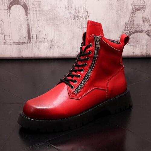 Designer Mens Red Ankle Boots Fashion British Lace Up Side Zip Cowboy Trending Leisure Motorcycle Zapatos For Male Botas ERRFC