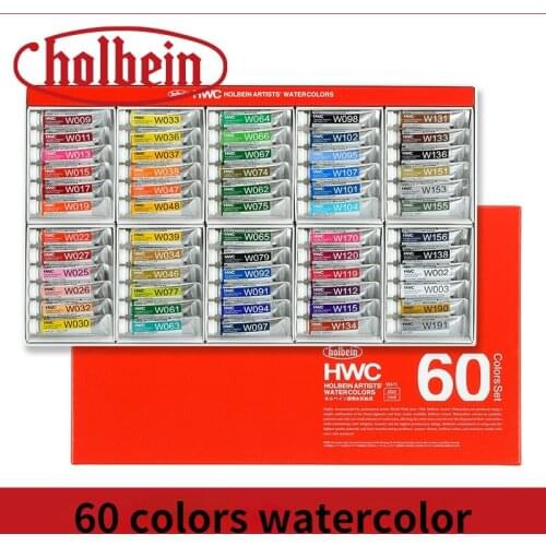 JP) Holbein Artist-level W411 60Color 5ml Tubular Transparent Watercolor Paint Gouache Painting for Student and Adults Coloring