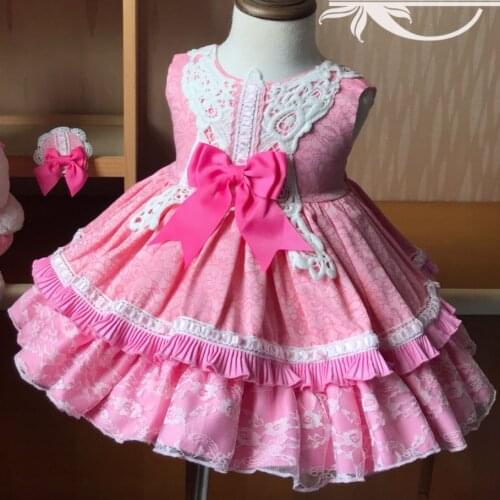 Summer Baby Girl pink Cotton Vintage Spanish Princess Dress Lace stitching ball Gown Lolita Birthday Party Dress