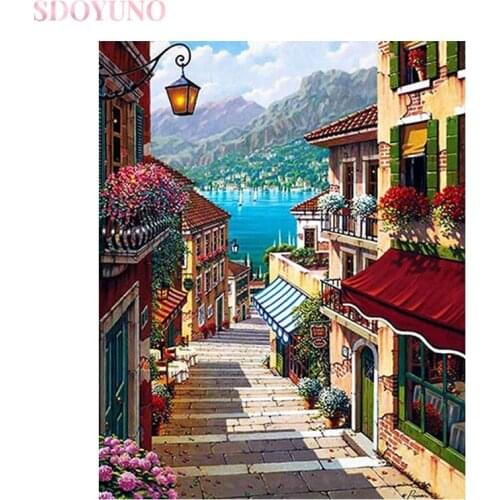 SDOYUNO DIY painting by number kit with frame for adult street landscape art supplies HandPainted Home Decor Gift Canvas Drawing