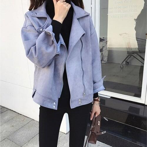 Autumn Short Moto Faux Leather Suede Jacket Women Female Beige Black Blue Casual Suede Coat Motorcycle Biker Jacket Windbreaker