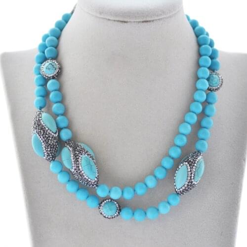 Z10565 32" 35mm Blue Round Turquoise Shuttle CZ Necklace