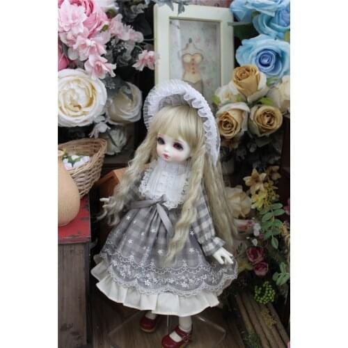 BJD Doll Dress Fits 3/4/6/6 Blythes Size Grey Maid Dress Plaid Dress Apron Vintage Dress Doll Accessories (Skirt + Tiara)