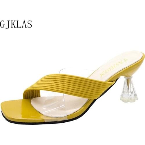 Women Slippers Sandals Summer Shoes Yellow Black Sliders Shoes Women Transparent Heels Sandals Big Size 41 New Square Toe Heels