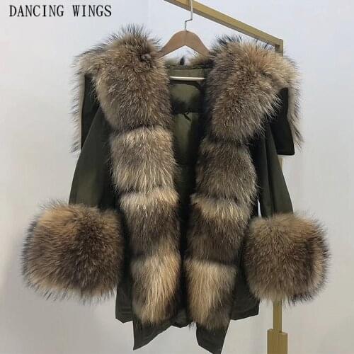 Thick Warm Winter Jacket Women Real Raccoon Fur Collar Hooded Duck Down Jacket Coat Oversized Parka