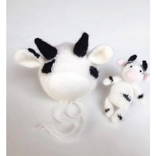 Crochet Cute Cow Doll Bonnet Photo Props Knit Animal Hat Toy Set Newborn Photography Props