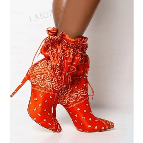 SEIIHEM Women Ankle Boots Lace Up Pointed Toe Pleated High Heels Booties Orange Female Ladies Shoes Woman Plus Size 39 41 44 47
