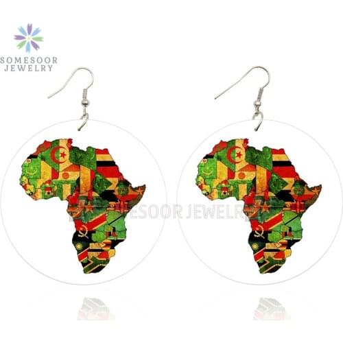 SOMESOOR Printed United Africa Countries Flags Wooden Drop Earrings Afro Black Rock Hiphop Wood Dangle For Women Christmas Gift