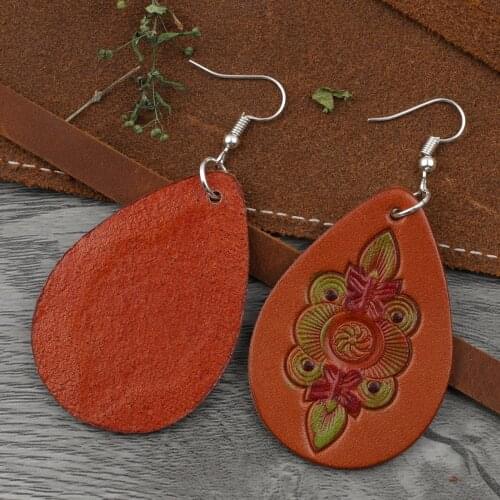 Punk Style Genuine Leather Women Earring Handmade Carving Brown Water Drop Earrings for Ladies Jewelry Wholesale