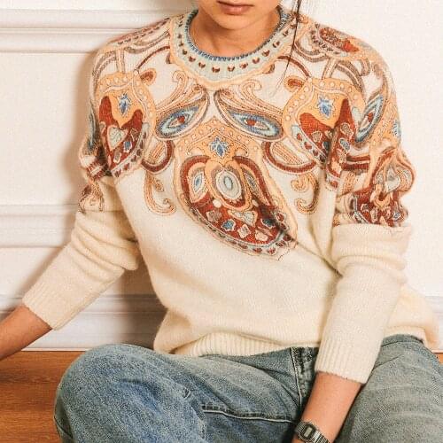 Multicoloured Print Jumper Kid mohair Sweater Round Neck Long Sleeve Jumpers Tops Female Vinatge Elegant Retro Pullover Pull