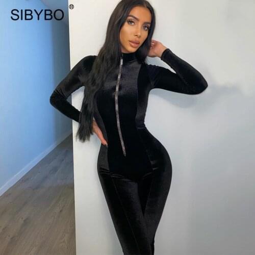 Sibybo Black Velvet Long Sleeve Jumpsuit Women Spring New Zipper Bodycon Sexy Rompers Femme One-piece Streetwear Skinny Outfits