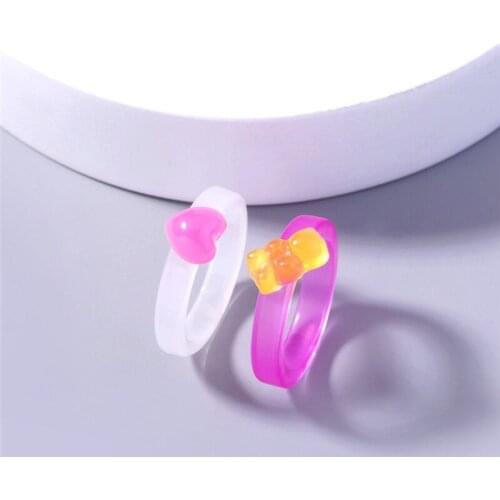 2021 Fashion Girls New Sweet Cute Mini Bear Ring Love Heart Pink Blue Yellow Candy Rings Acrylic Resin Prevalent Jewelry