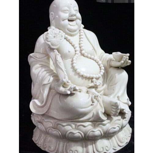 Zmr bronze factory outlets Tibet Silver 14"Chinese Dehua Porcelain Happy Laugh Maitreya Buddha Hold Yuanbao Ru Yi Statue