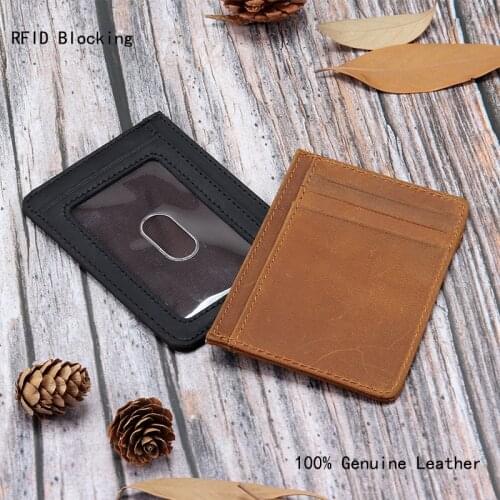 100% Genuine Leather Card Holder RFID Blocking Crazy Horse Cow Leather Ultra Thin Bank Card Case Retro Slim Credit Card Wallets