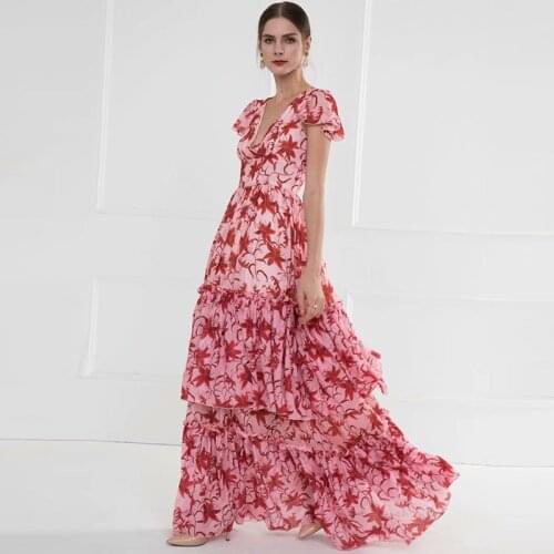 2020 Spring Summer Runways floral print womens maxi dress High quality 60% Silk V-neck Elegant dress B737