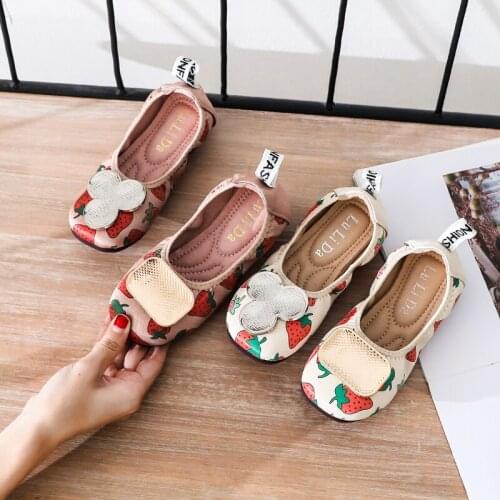 Spring and Autumn Girls Shoes Baby Shallow Mouth Princess Shoes Soft Bottom Strawberry Printed Children Flat Shoes EUR 23-35