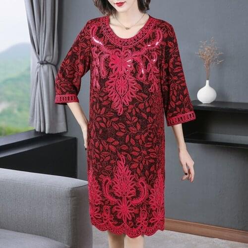 Elegant Pretty Geometric Fashion Round Neck Red Black Sequin Cocktail Embroidery Mother Party Dress