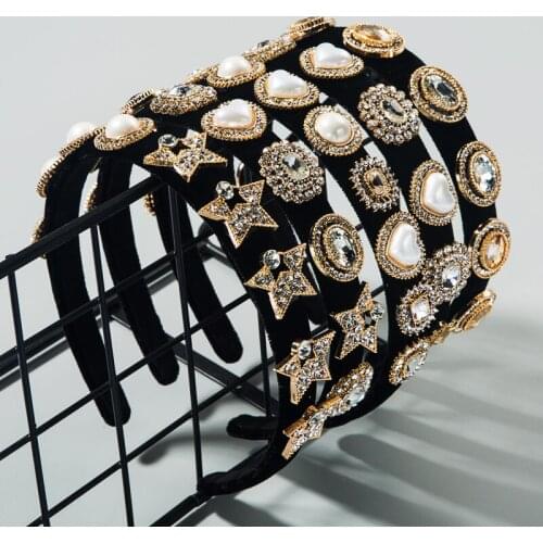 Elegant Luxury Bling Heart Pearl Rhinestone Headband Crystal Star Diamond Hairband Velvet Fabric Women Hair Accessories